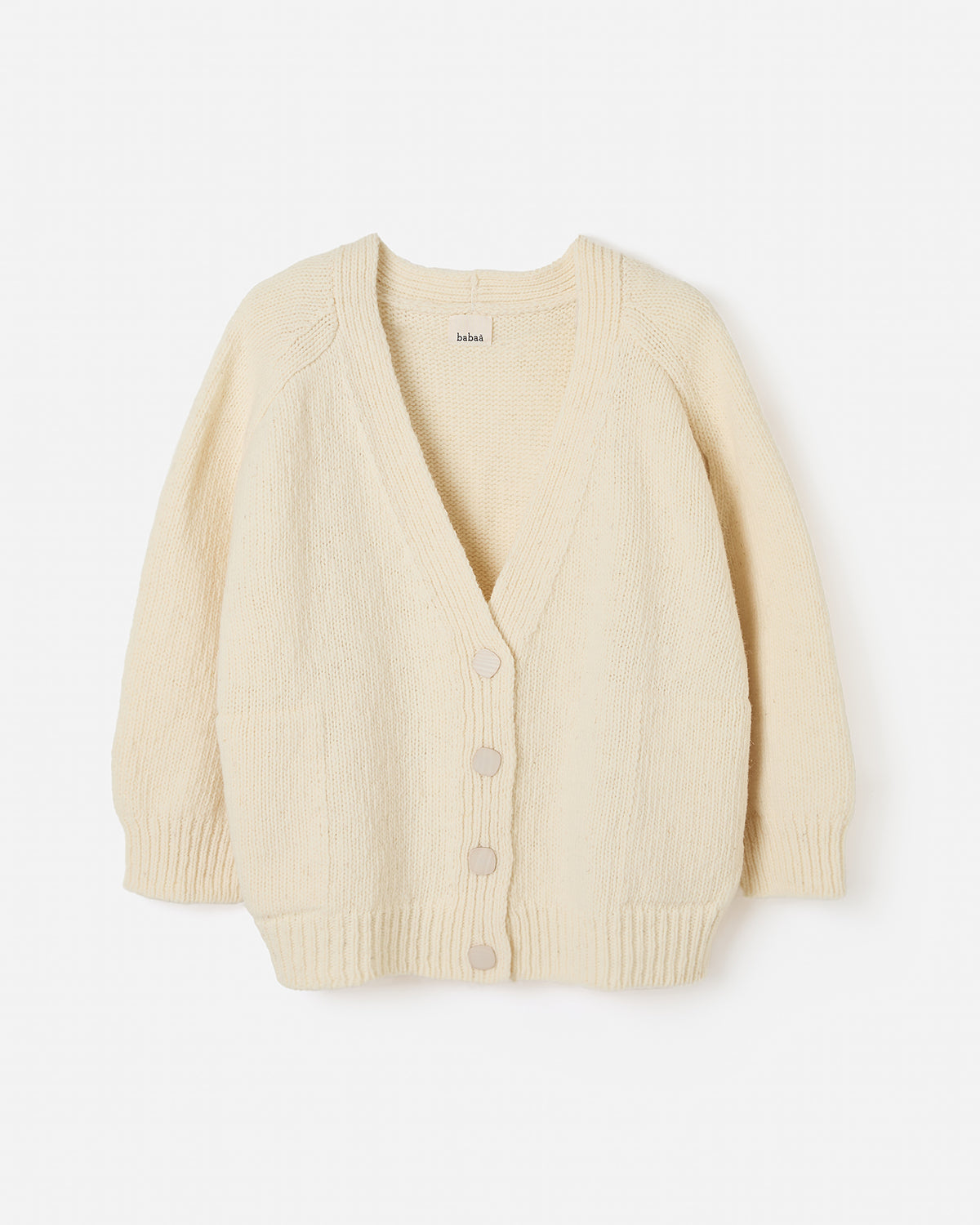 Babaà no51 natural women's cardigan shown in a relaxed fit silhouette with long sleeves and a soft knit texture.