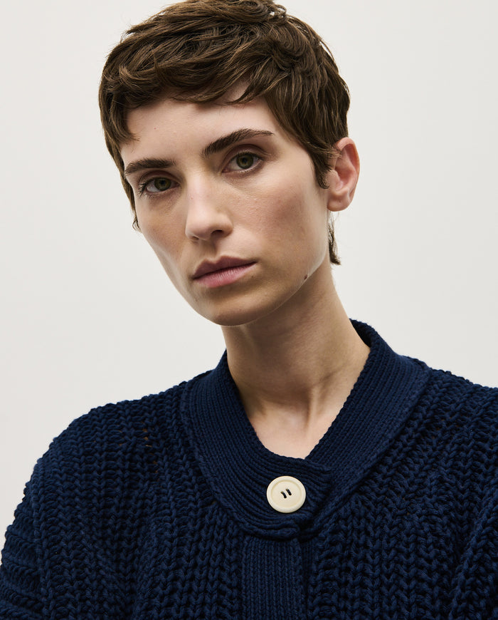 Navy Babaà No8 women's cardigan with long sleeves and button closure, made from soft knit fabric for a comfortable fit.