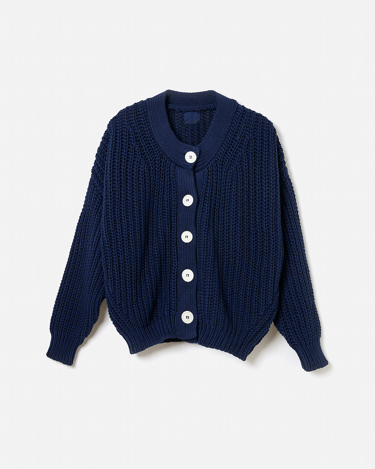 Navy Babaà No8 women's cardigan displayed on a mannequin with long sleeves and front buttons, showcasing a relaxed fit.