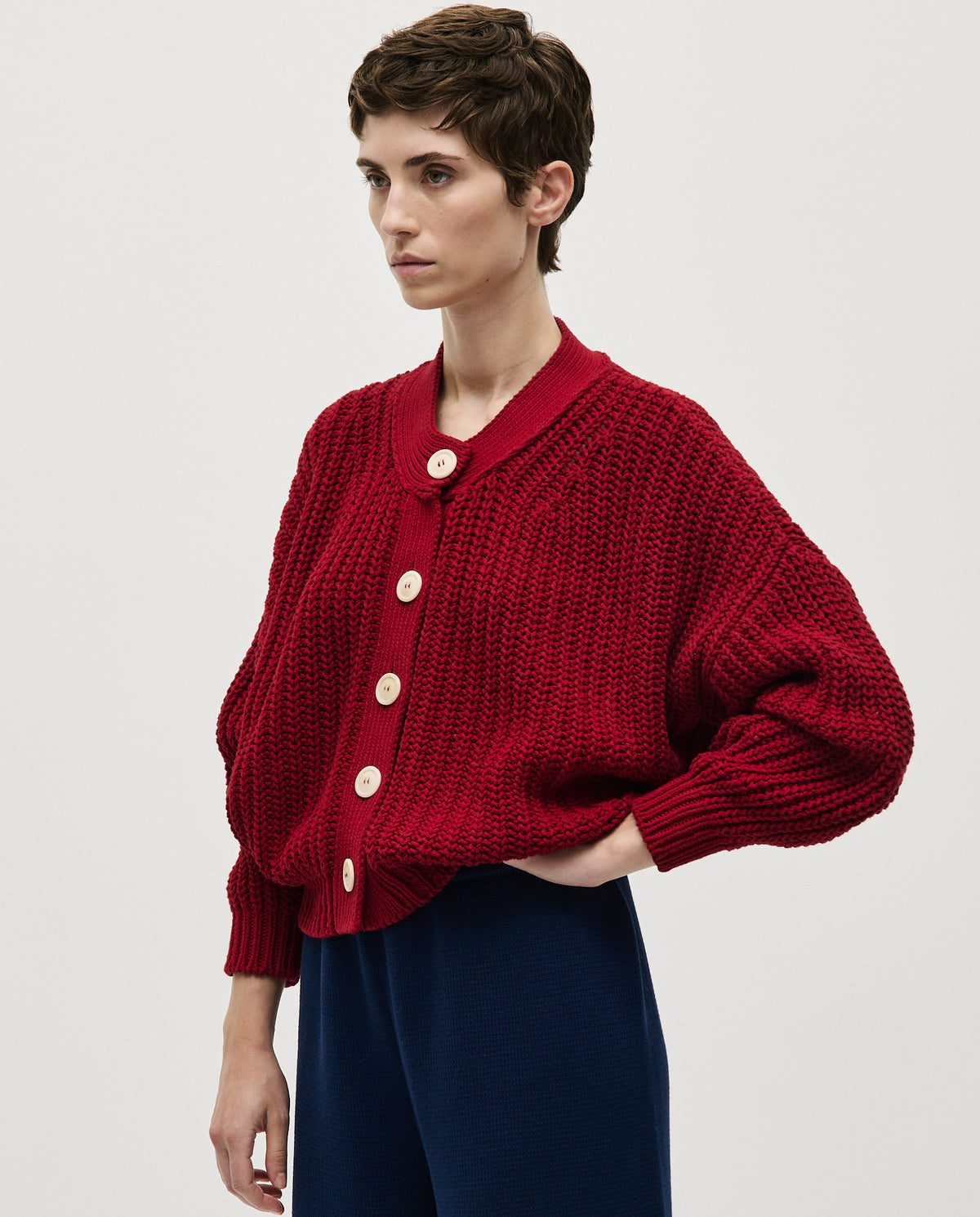 Babaà No8 Persephone women's cardigan in soft knit, featuring a cozy fit and button closure, shown in a neutral color.