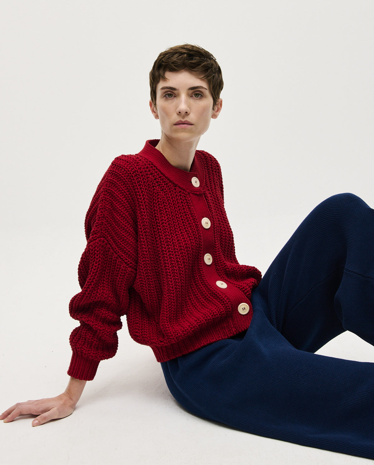 Babaà No8 Persephone cardigan for women, soft knit fabric with a relaxed fit and button front, in a versatile neutral color.