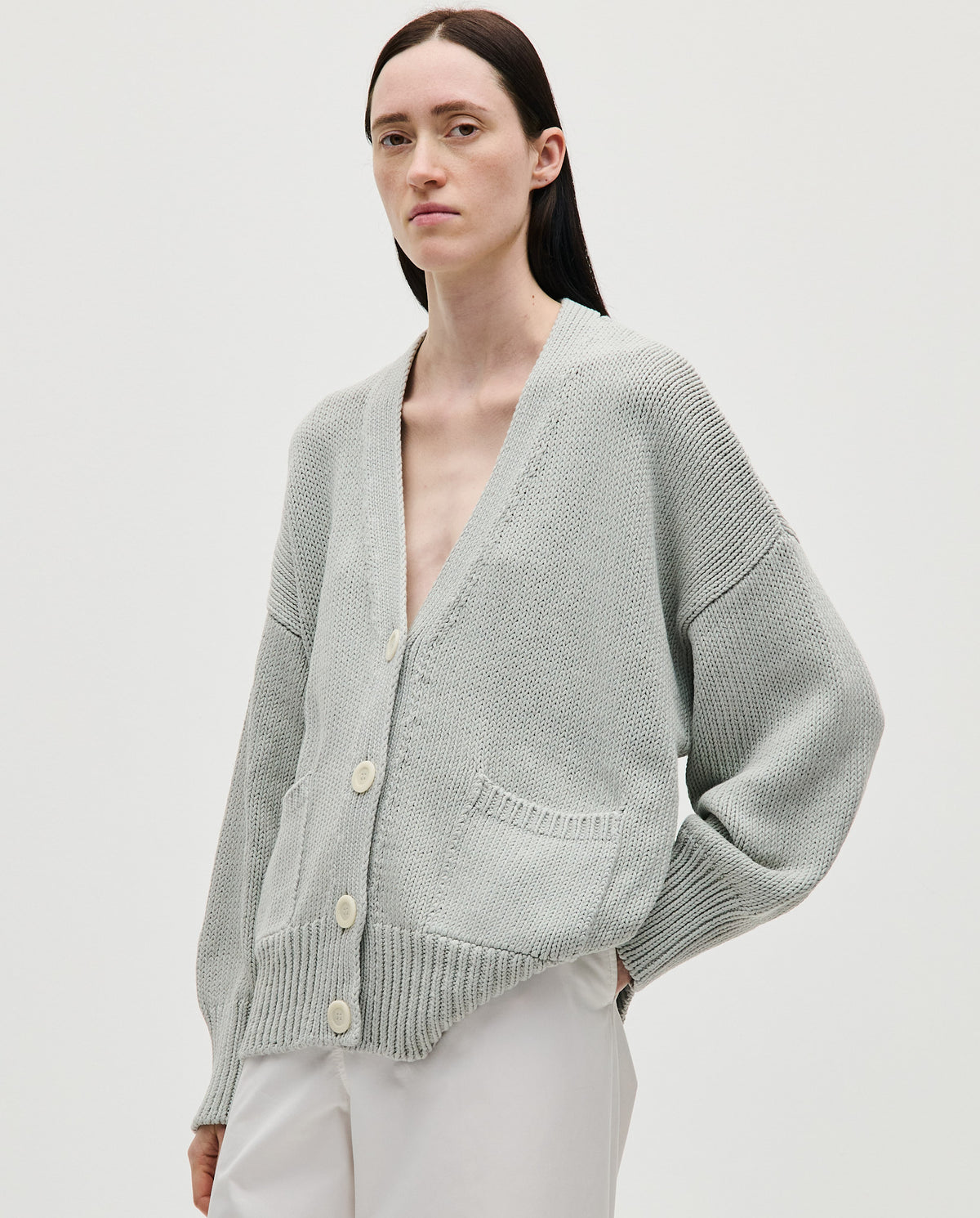 Babaà No86 Chalk women's cardigan featuring a soft, lightweight knit and button-up front, styled on a model.