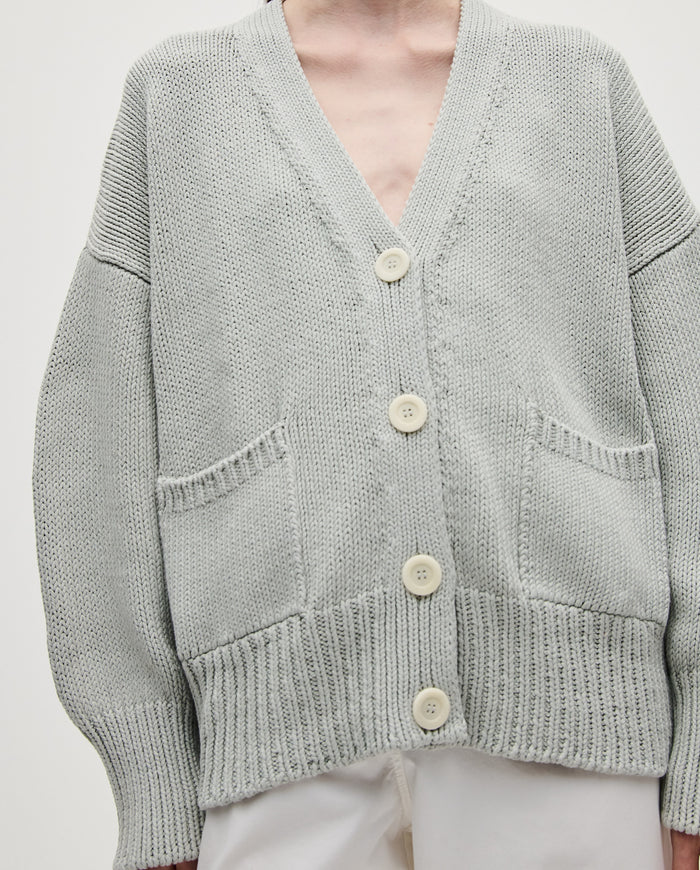 Babaà No86 Chalk women's cardigan in soft, lightweight knit with button detail and relaxed fit, styled on a model.
