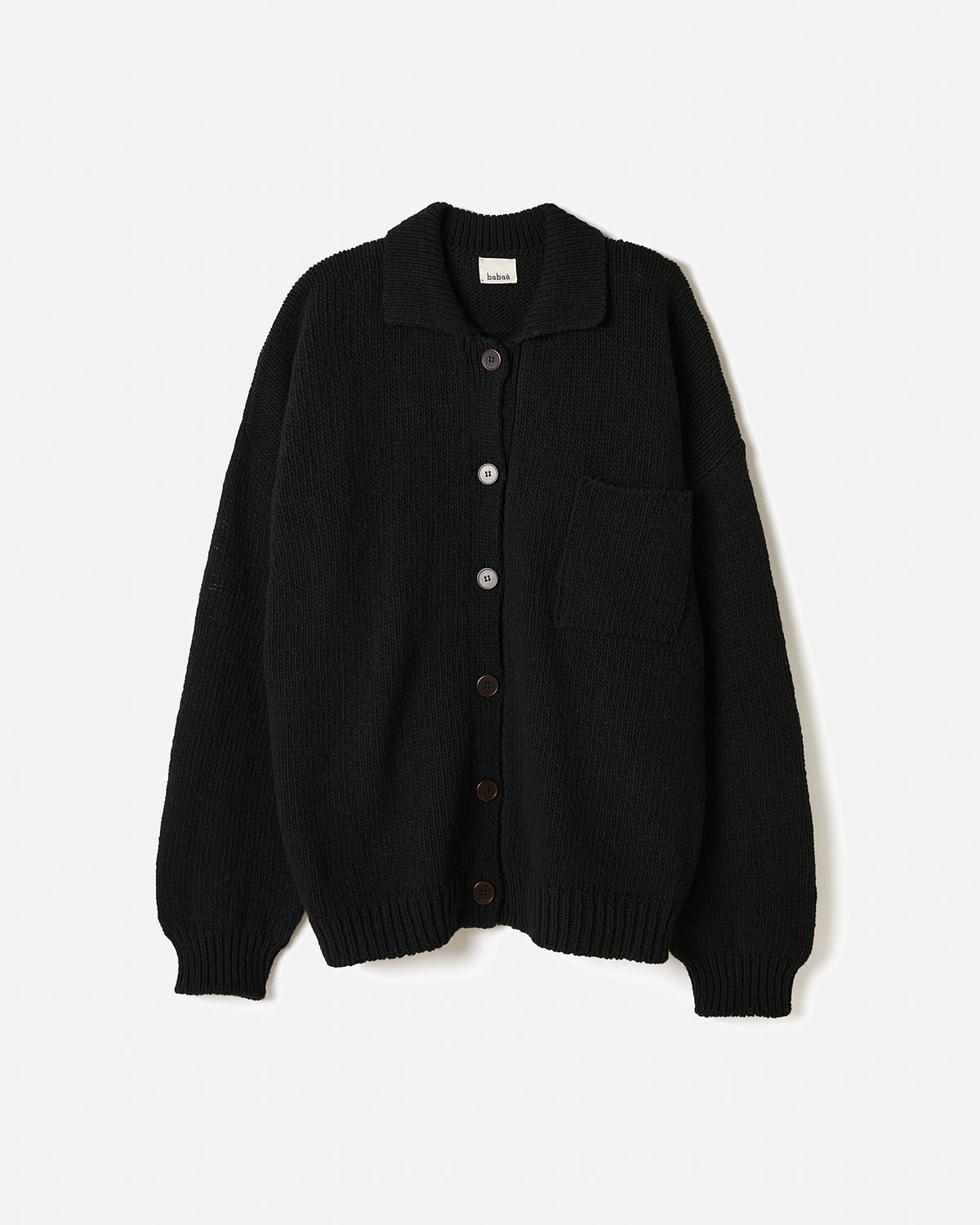 Black Babaà No93 women's cardigan shown in silhouette, featuring a cozy, stylish knit design suitable for casual and elegant outfits.
