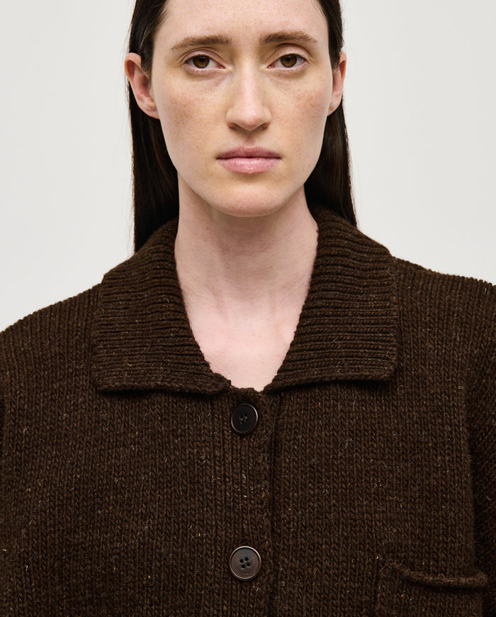 Babaà No93 Earth women's cardigan in soft knit fabric with a relaxed fit and earthy tone, displayed on a hanger.