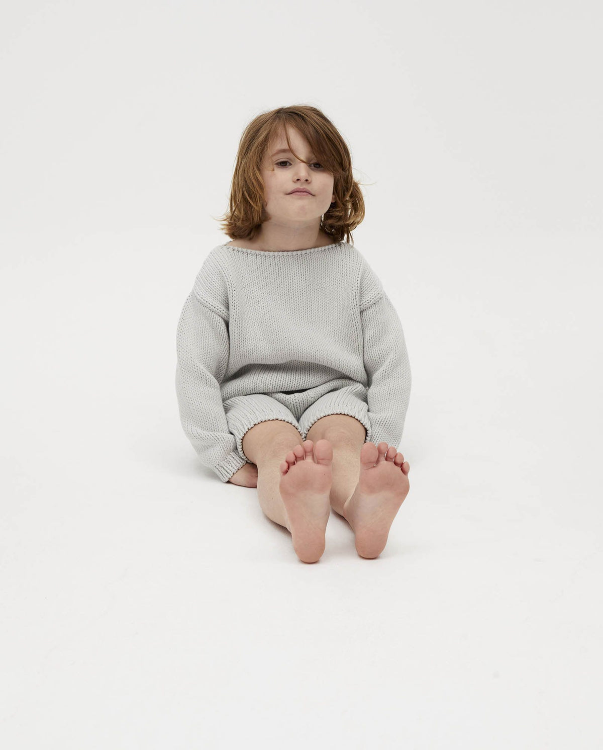 Kids' jumper No3 by Babaà in smoked salt color, featuring a cozy, soft knit fabric with a round neckline and long sleeves.