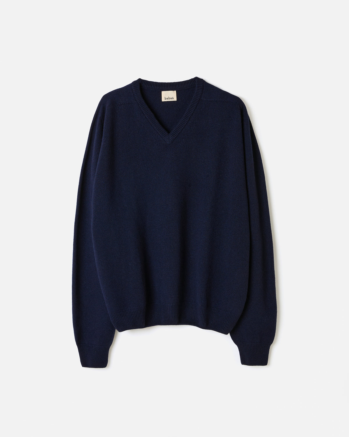 Navy men's jumper from Babaà featuring a classic fit and soft fabric, shown in a silhouette image.