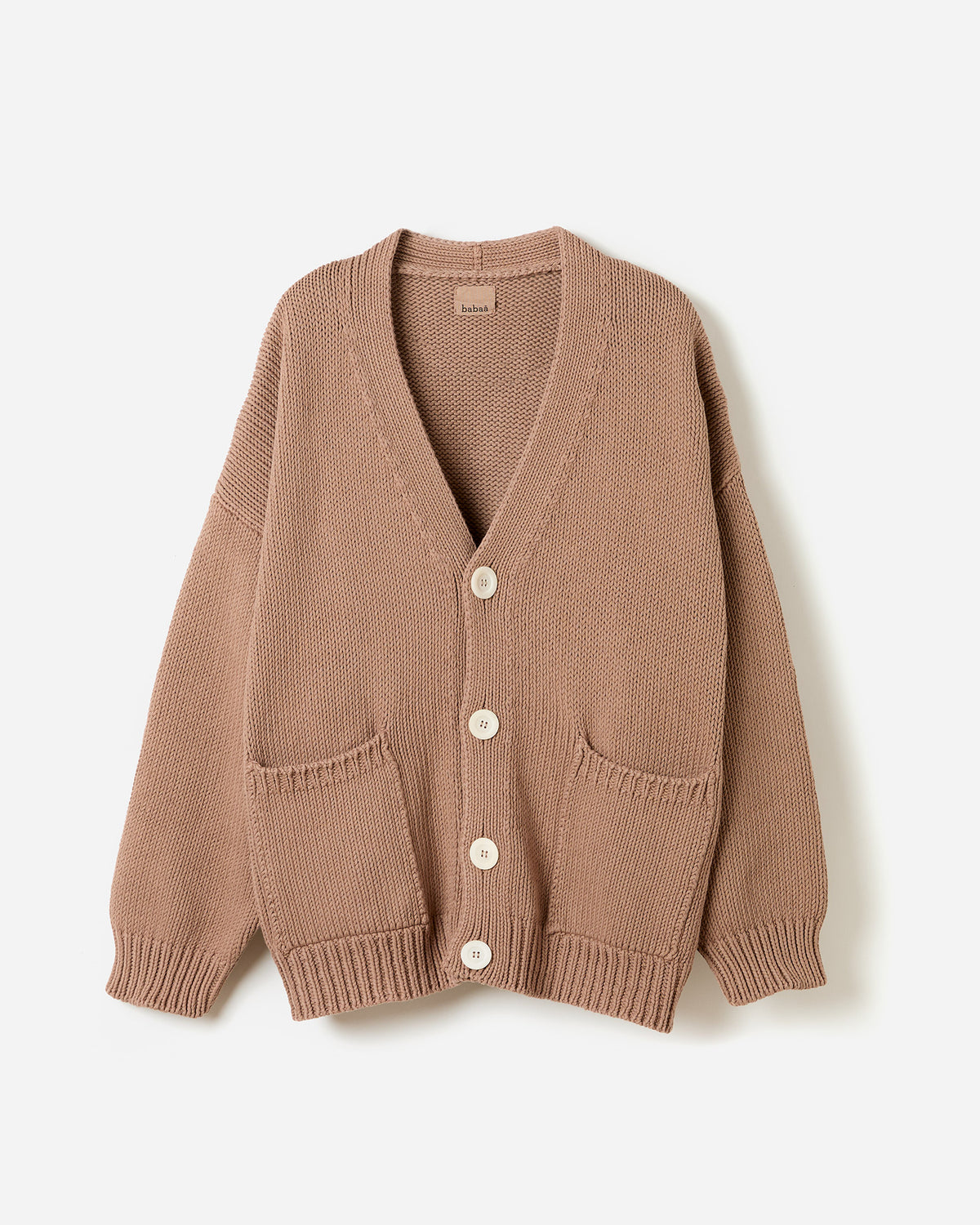 Men's Babaà No16 roasted fig cardigan, front view silhouette showcasing the knit texture and classic fit.