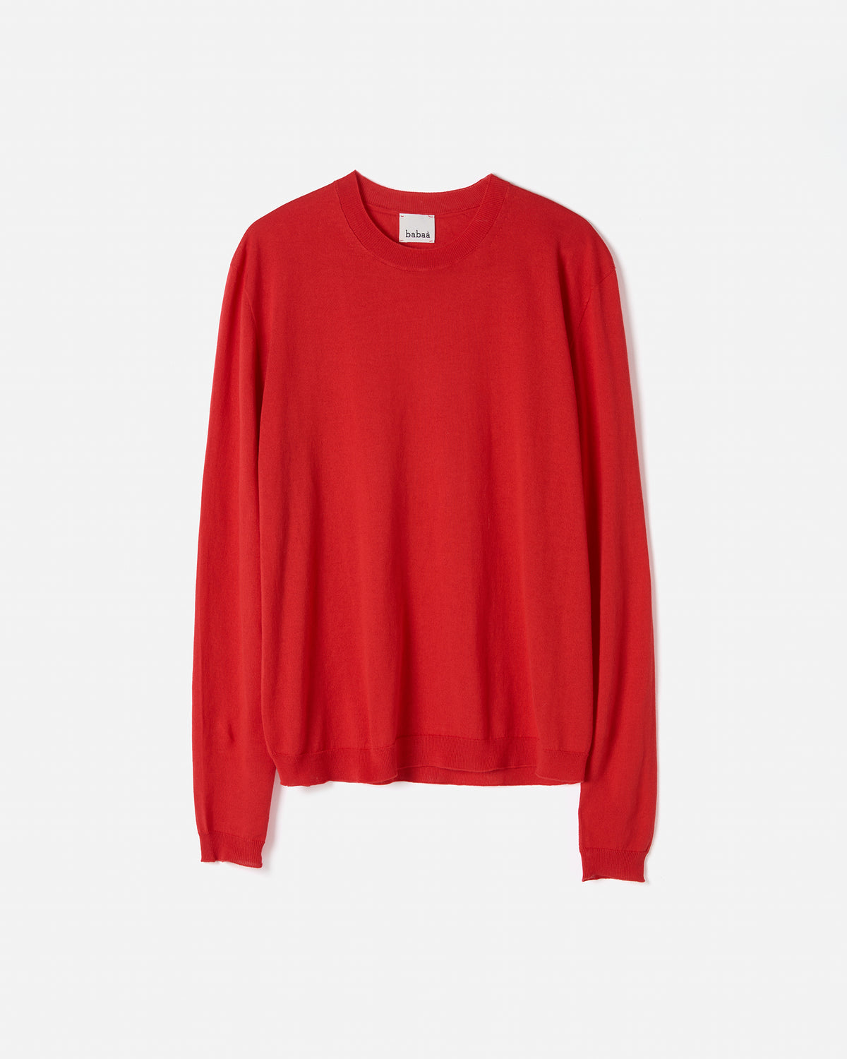 Red Babaà No50 women's jumper, summer flame design, showing the silhouette and cozy knit fabric.