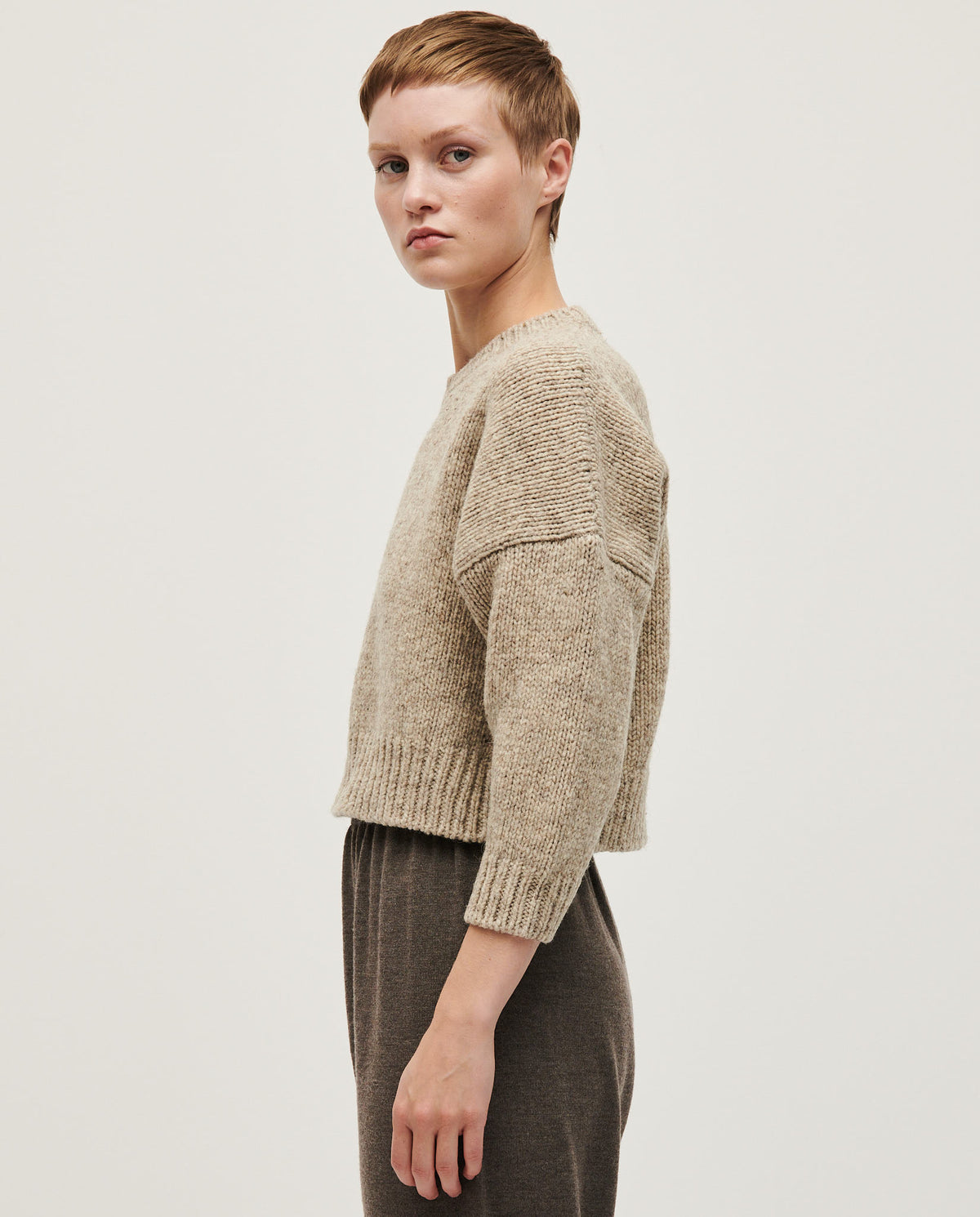Babaà No61 Mist women's jumper, soft knit fabric in mist color, styled for casual wear, displayed on a model.