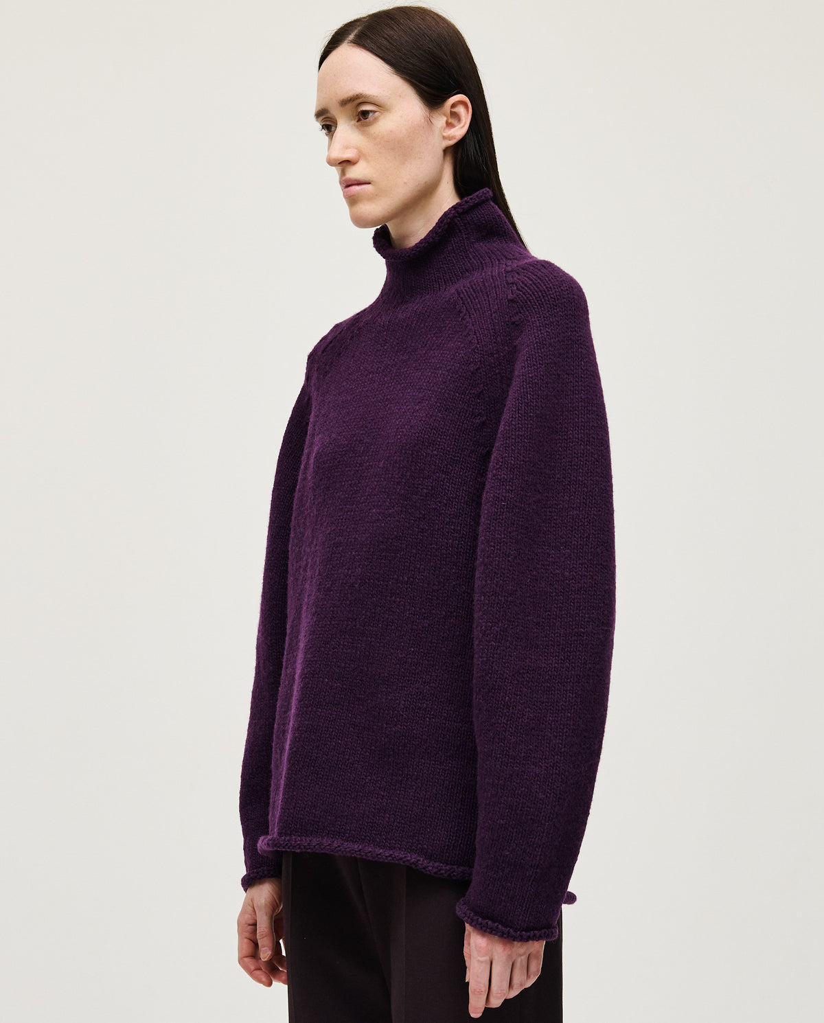 Purple Babaà Jumper No81 worn by woman, featuring a cozy, stylish knit design perfect for casual or layered outfits.