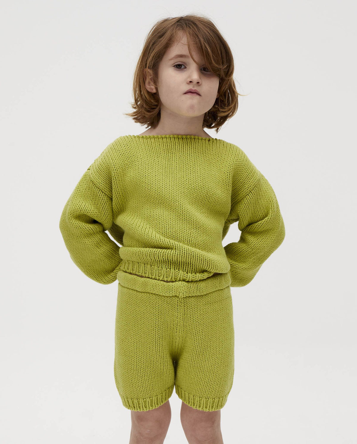 Green tea kids' shorts No3 by Babaà, showcasing lightweight, comfortable cotton shorts with adjustable waistband and playful design.