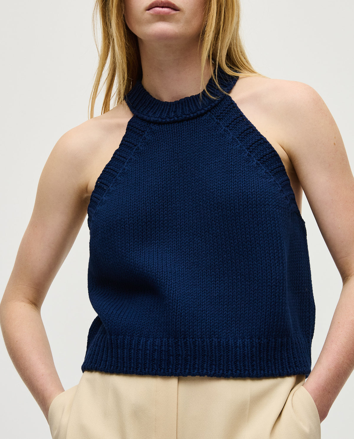 Navy Top No2 by Babaà worn by a woman, featuring a stylish and comfortable design with a rounded neckline.