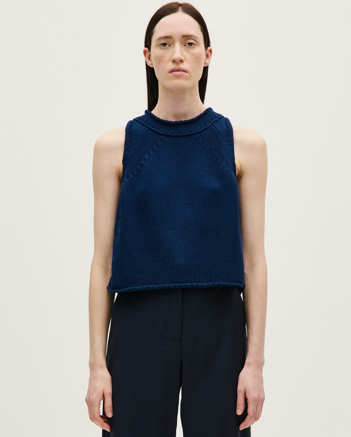 Navy Top No46 by Babaà worn by a woman, featuring a stylish fit and soft fabric, ideal for casual or chic everyday wear.