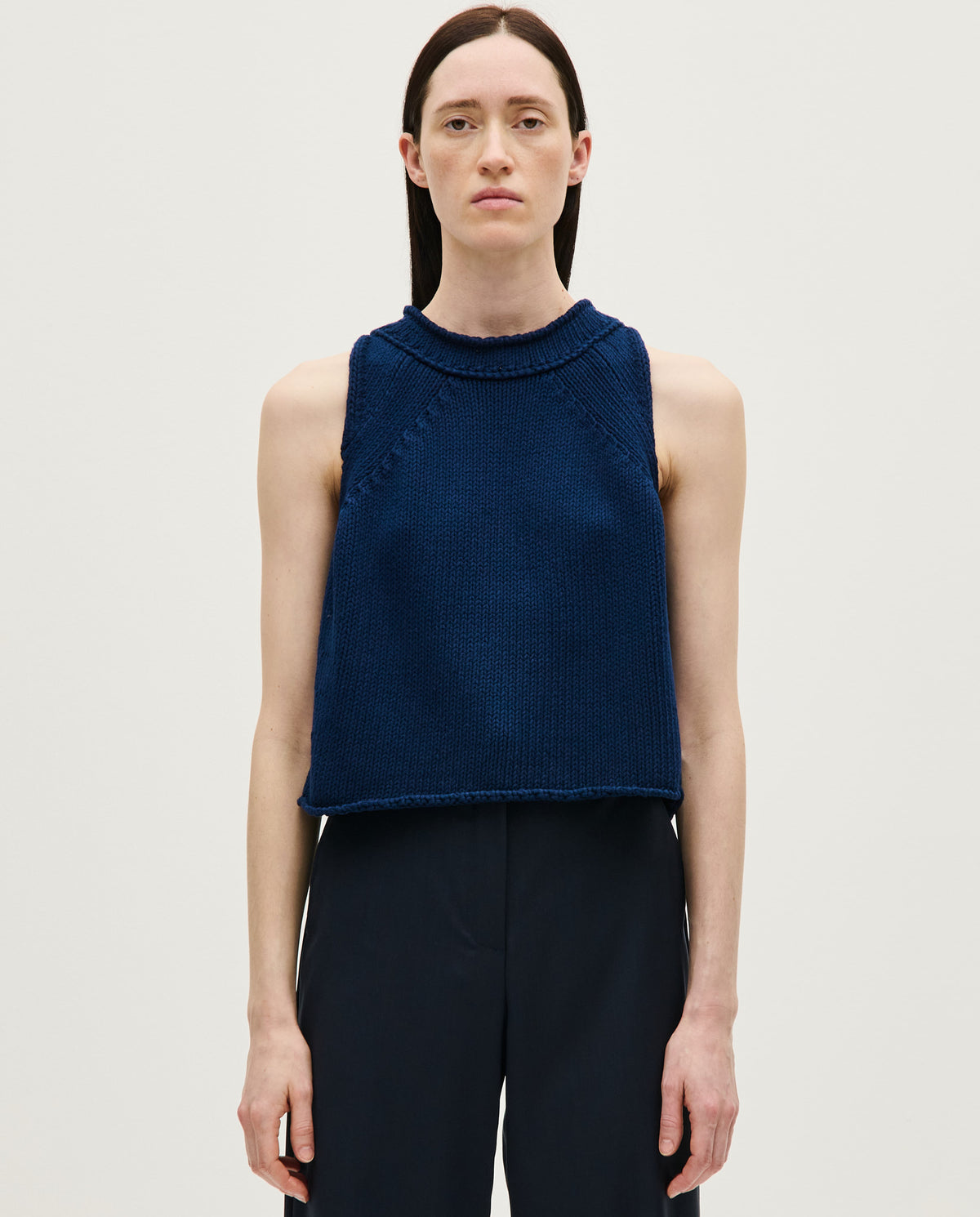 Navy Top No46 by Babaà worn by a woman, featuring a stylish fit and soft fabric, ideal for casual or chic everyday wear.