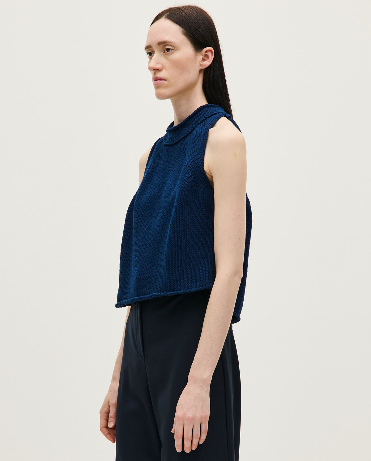 Navy top No46 by Babaà worn by a woman, featuring a stylish fit and soft fabric, perfect for casual or semi-formal wear.