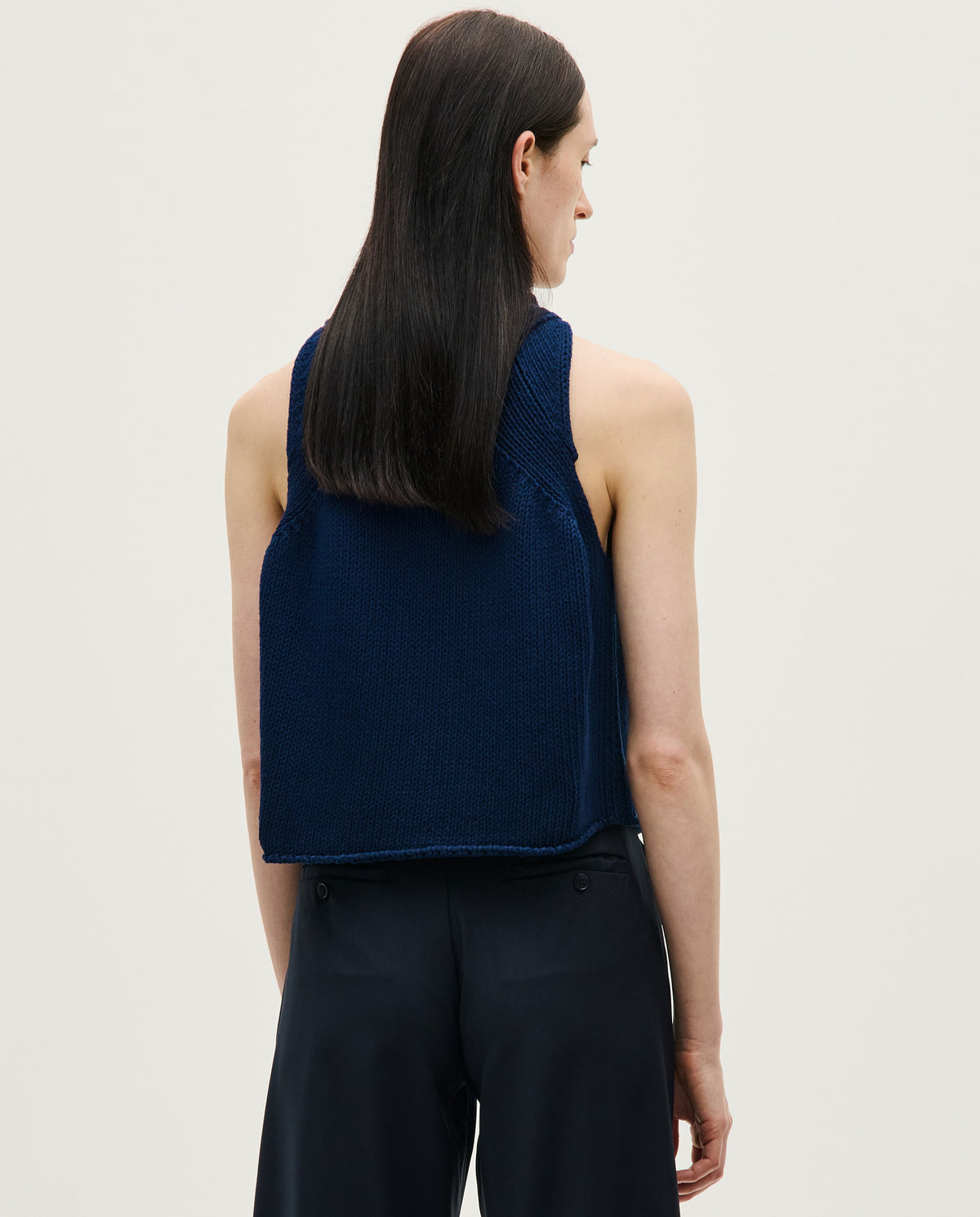 Navy top No46 by Babaà, worn by a woman, featuring a stylish design and comfortable fit, shown in a full-body view.