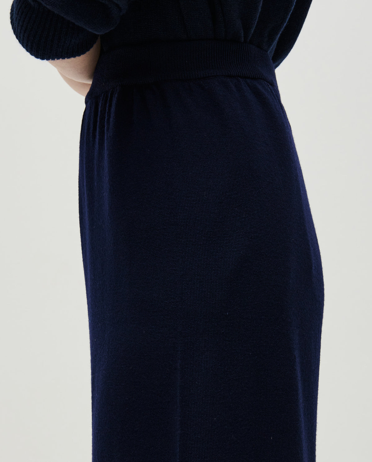 Navy Babaà trousers no94 for women, showing the relaxed fit and soft fabric, styled with a casual top.