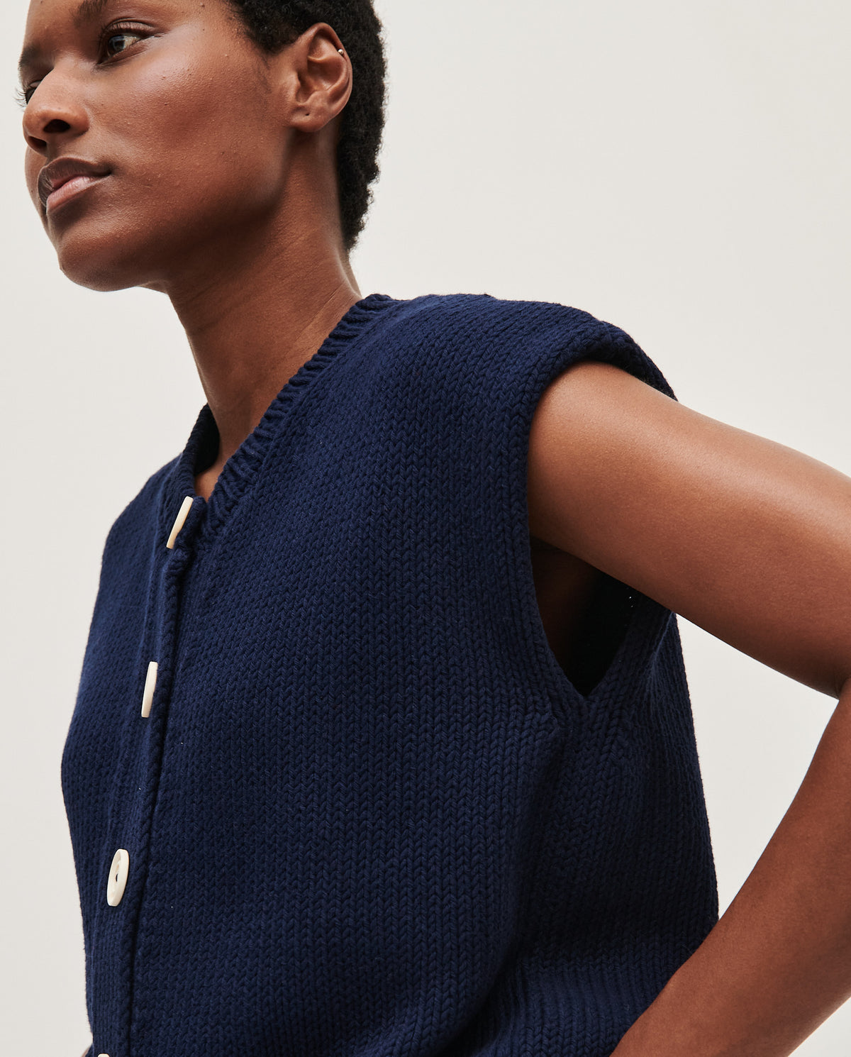Navy Babaà No26 women's vest displayed on a model, showing its stylish fit and fabric texture.