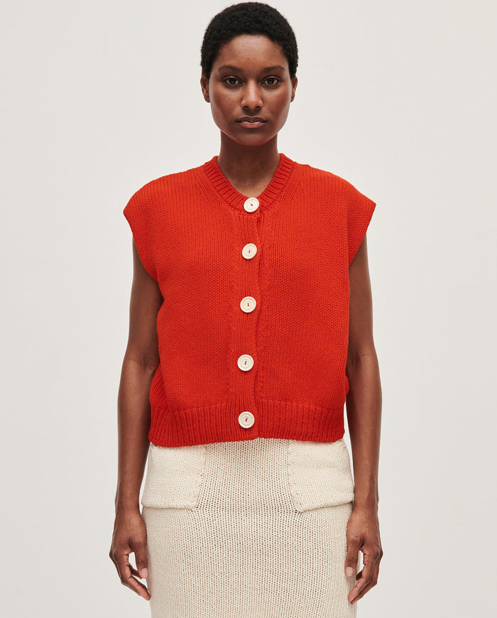 Babaà No26 Summer Flame women's vest in vibrant orange with sleeveless design and lightweight fabric.
