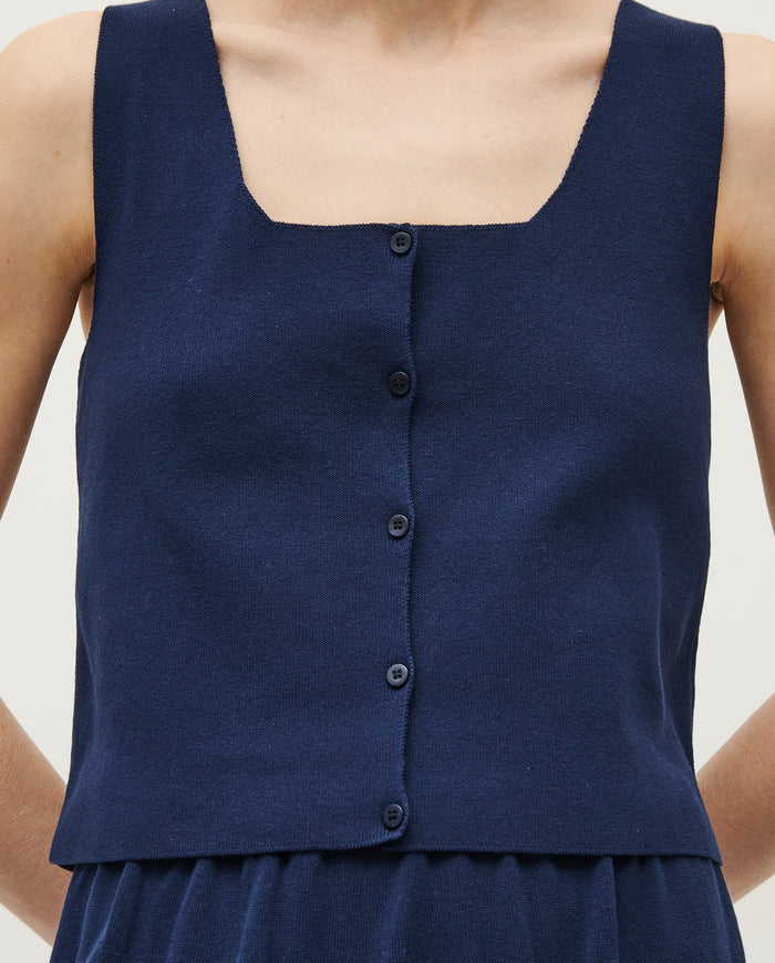 Blue Babaà vest No.39 for women, shown in a close-up image highlighting the fabric and design details.
