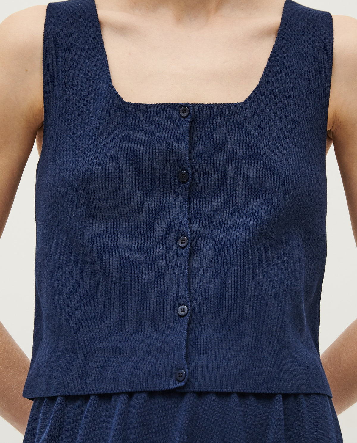Blue Babaà vest No.39 for women, shown in a close-up image highlighting the fabric and design details.