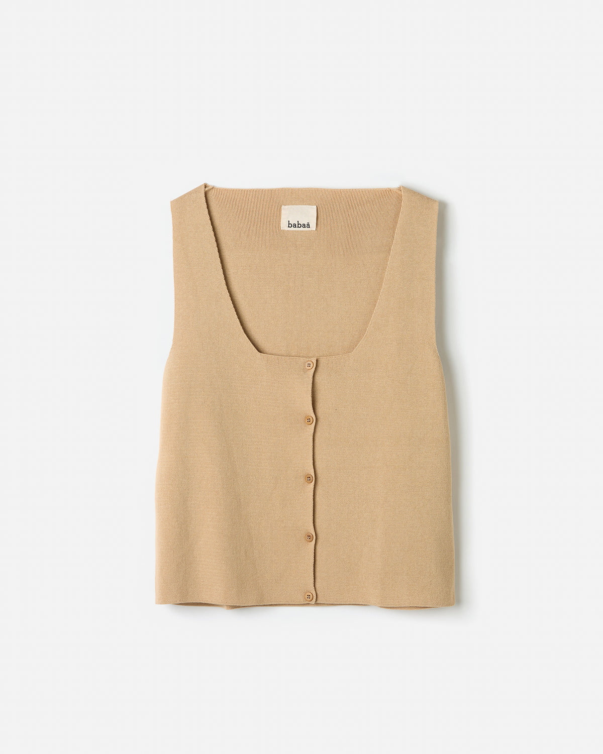 Silhouette of Babaà No39 Desert vest for women showing its relaxed fit and soft fabric in a natural desert tone.