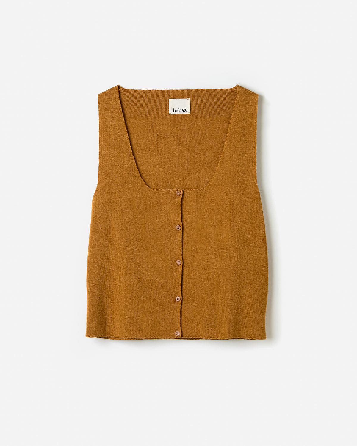 Woman's mustard vest No39 by Babaà, silhouette view showcasing the sleeveless, stylish design and fabric details.